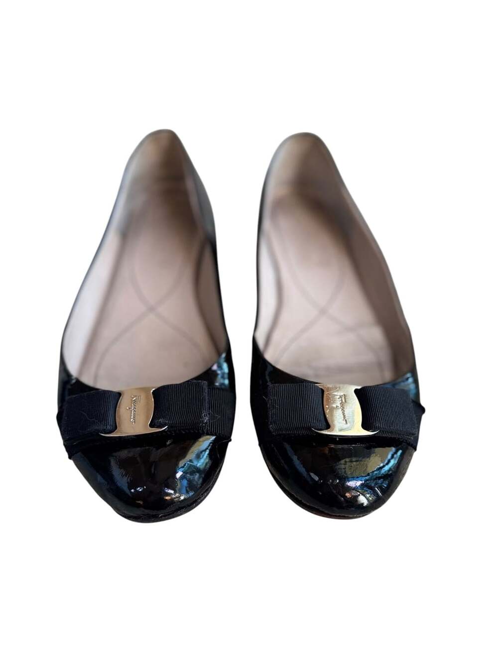 Salvatore Ferragamo Patent Leather Bow Accents Ballet Flats - Black Flats, Shoes